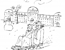 Cartoon of two Quakers on a sled
